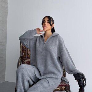 Cozy Grey Knit Sweater & Pant Set Comfy Lounge Wear Gray - Size S, M, L, XL